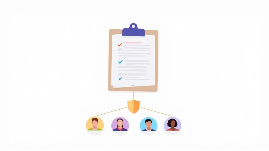 Clipboard with checklist connected to four diverse user profiles representing team assessment and evaluation process