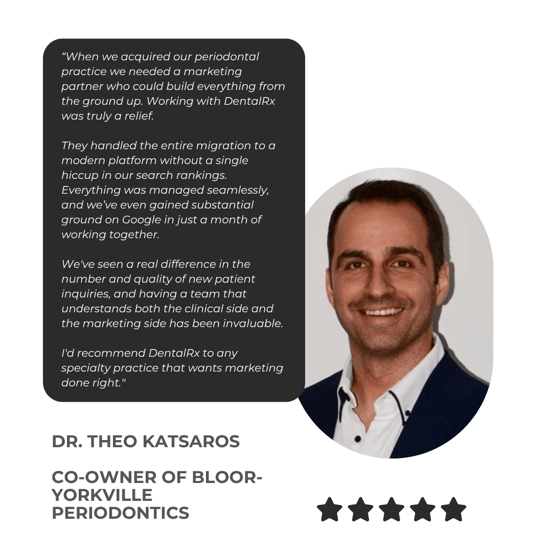 Testimonial for DentalRx from Dr. Theo Katsaros from Bloor-Yorkville Periodontics