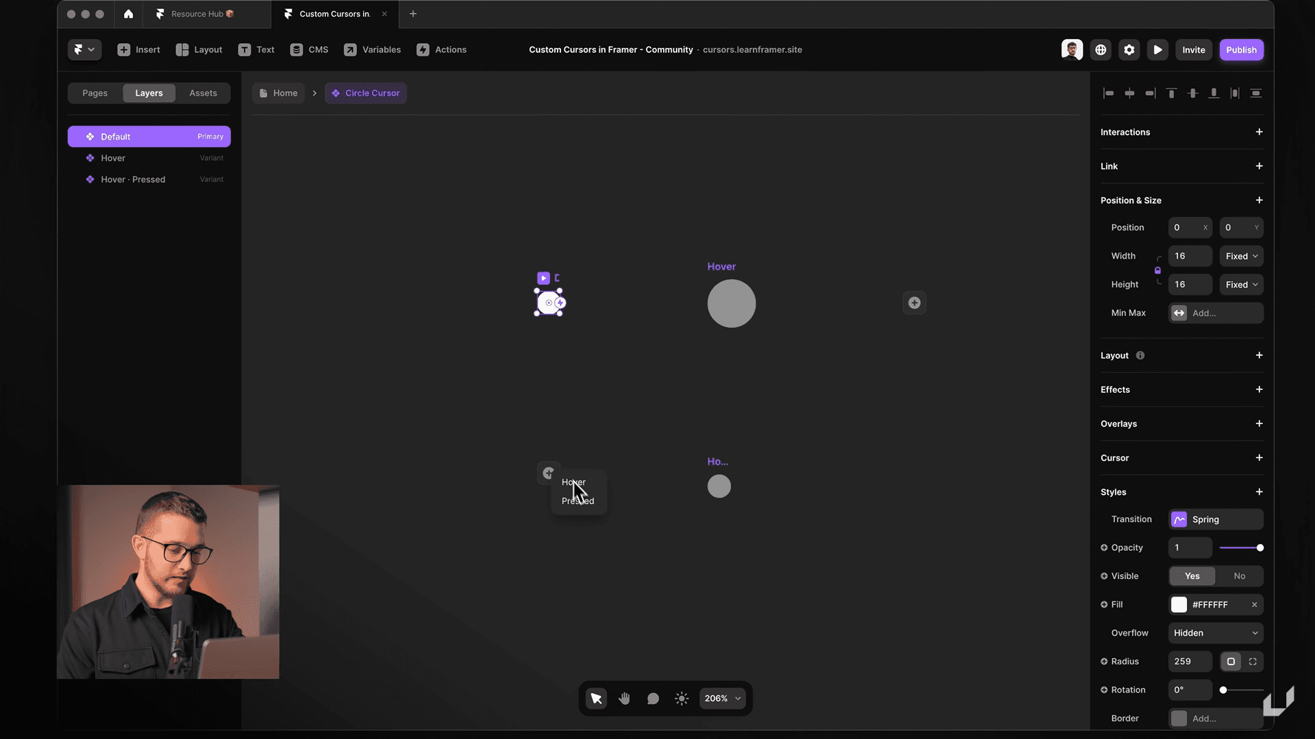 Framer interface showing custom cursor design with layers and styling options
