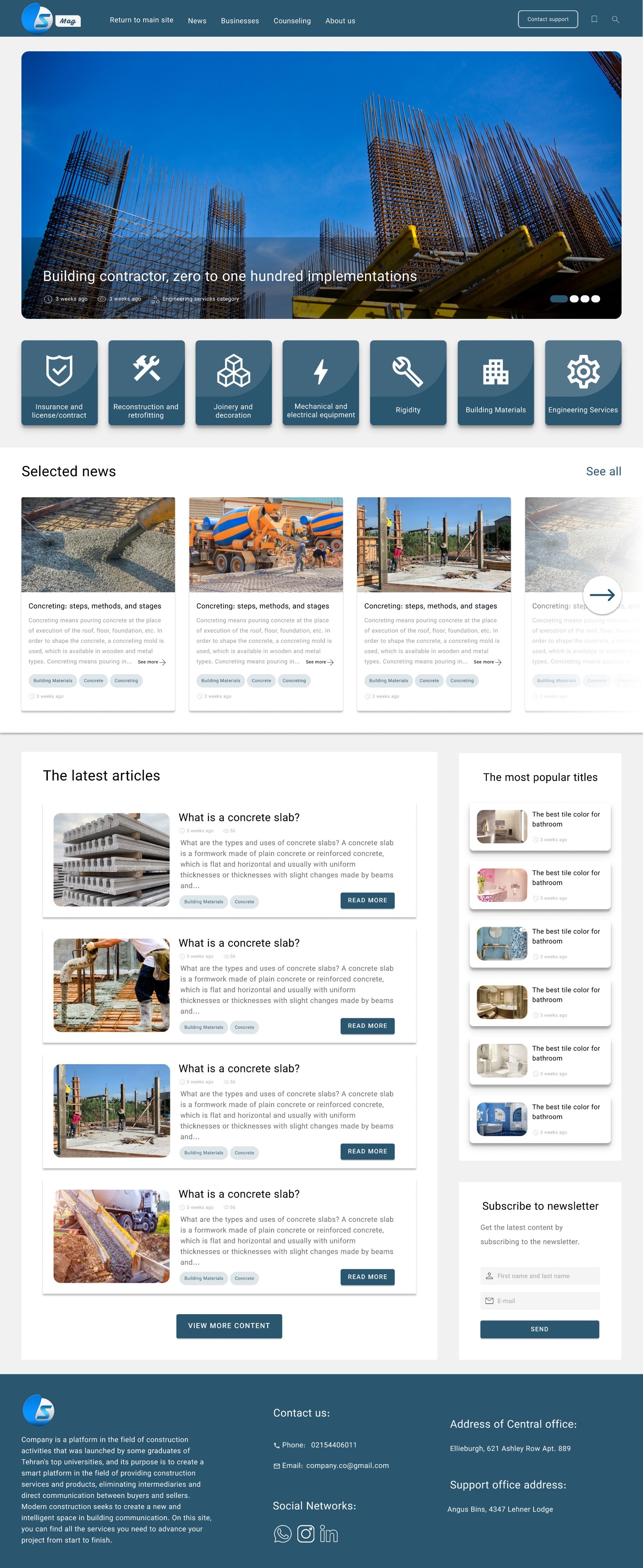 Editorial blog homepage UI designed for a construction and engineering company