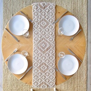 Handmade macrame table runner with diamond woven pattern for dining table decor