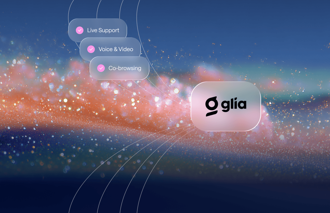 Abstract hero image showing a dynamic wave of orange and blue particles on a gradient background.