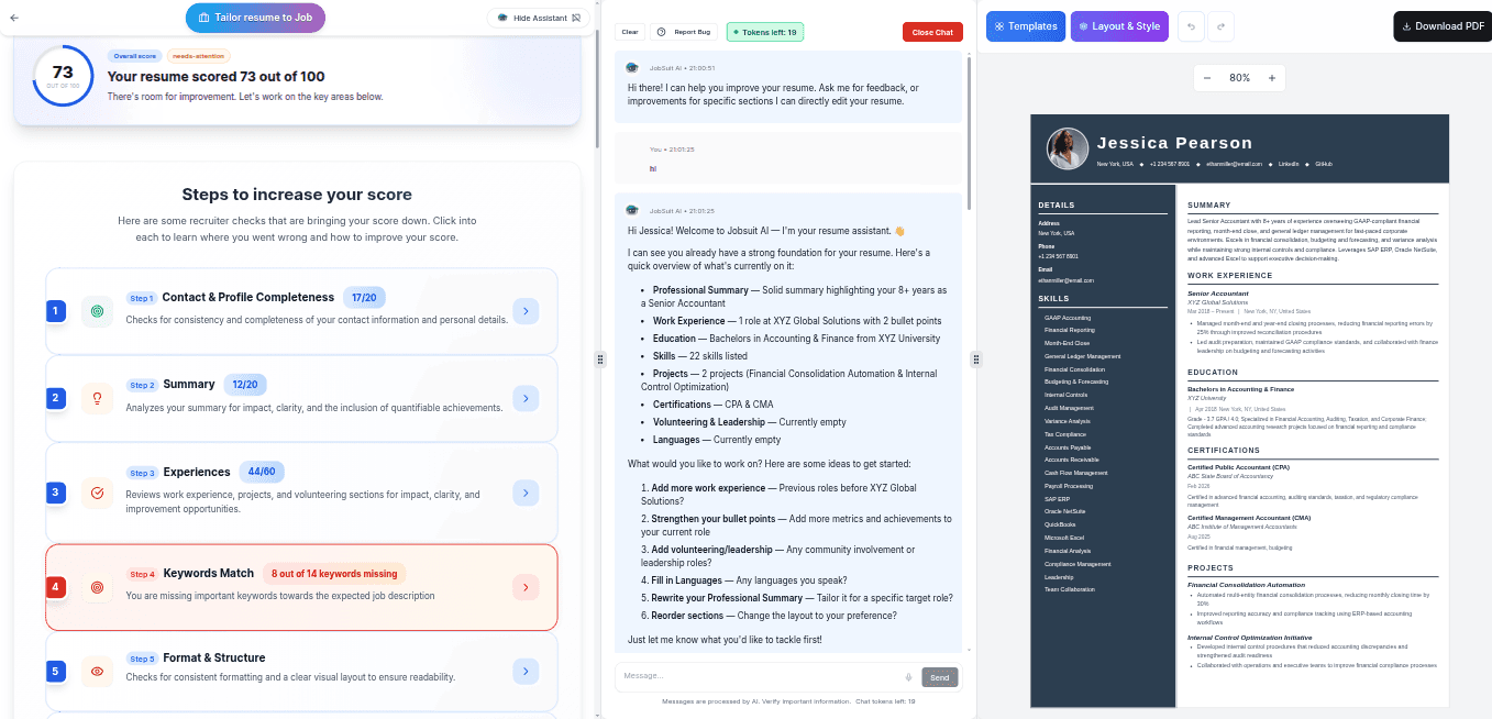 JobSuit AI resume editor showing a resume scored 73 out of 100 with an AI assistant and steps to improve
