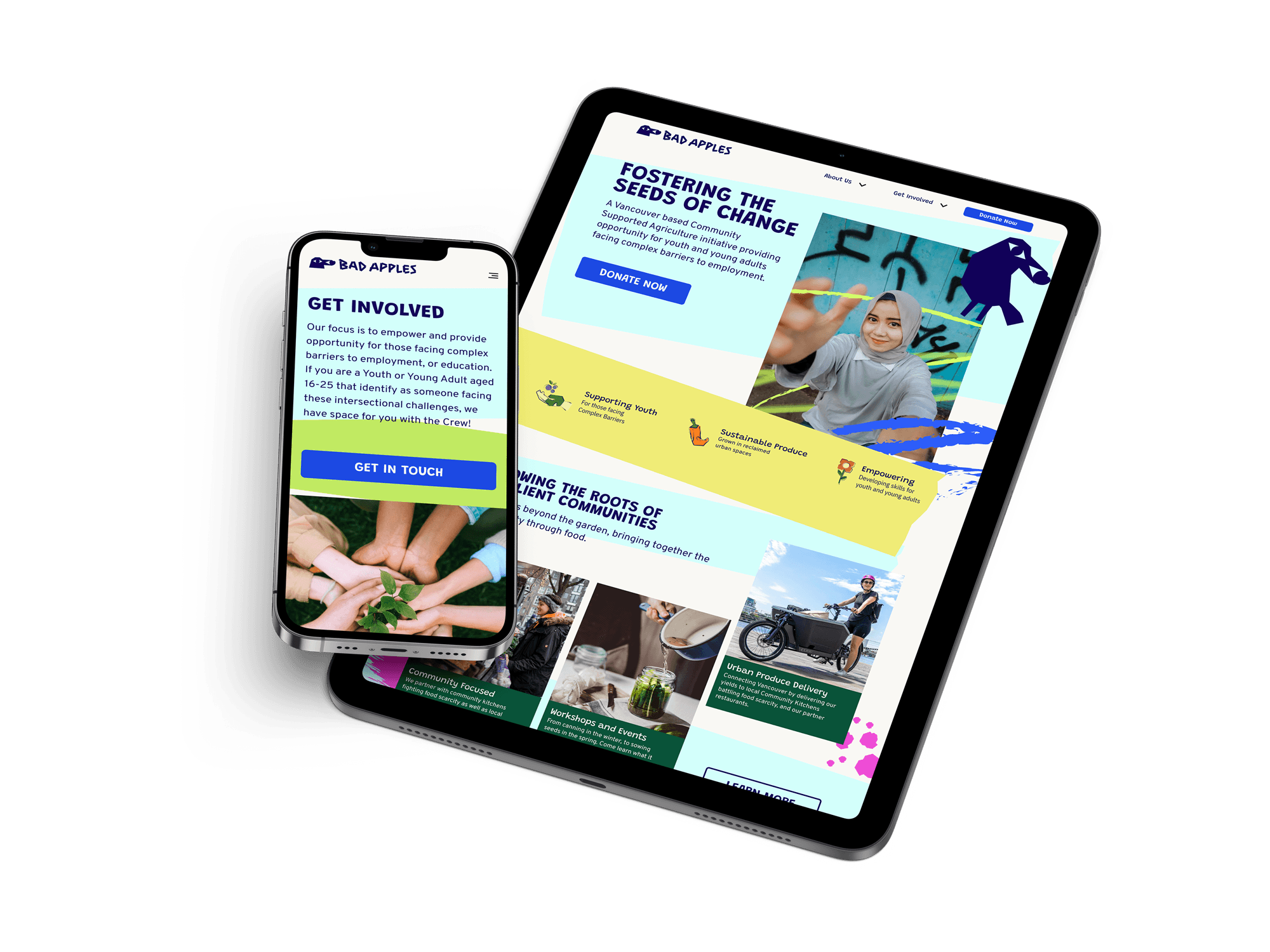 Tablet and phone mockup of the Bad Apples website, featuring a bright, youth-focused design with calls to action for involvement and support.