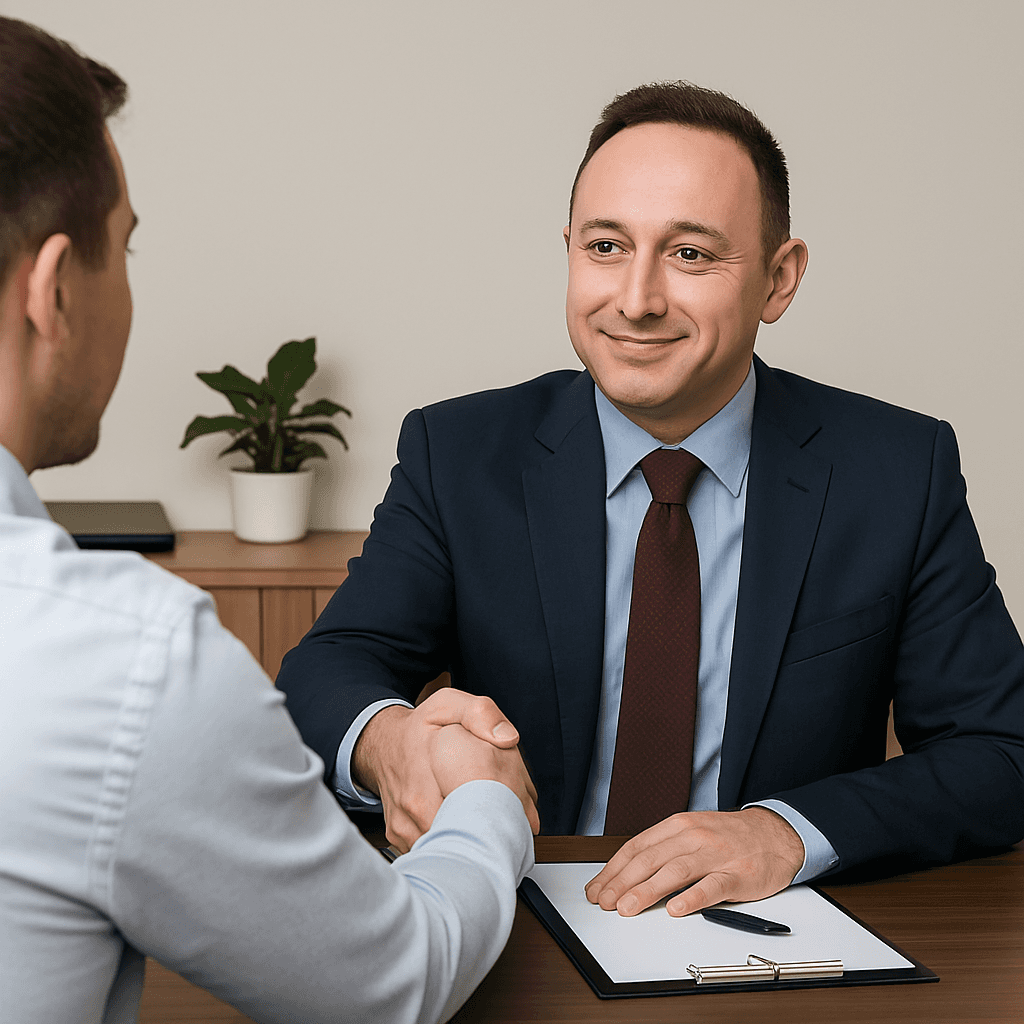 Imagem de um membro da nossa equipe cumprimentando um empresario que acabou de descobrir que tem direito a recuperar o valor de impostos indevidamente pagos