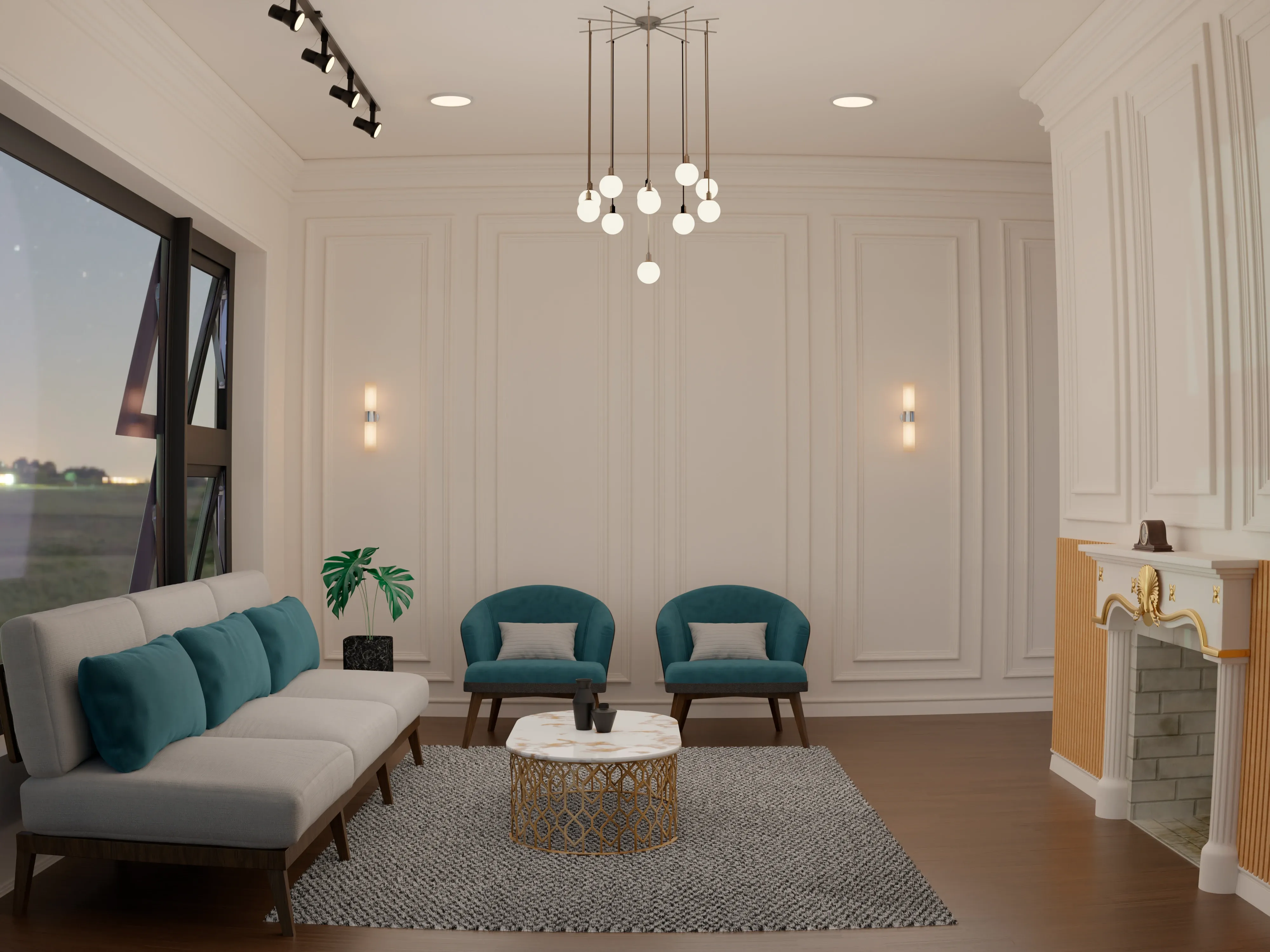 Elegant room interior with white wall trim, teal accent chairs, and subtle warm wall sconces.