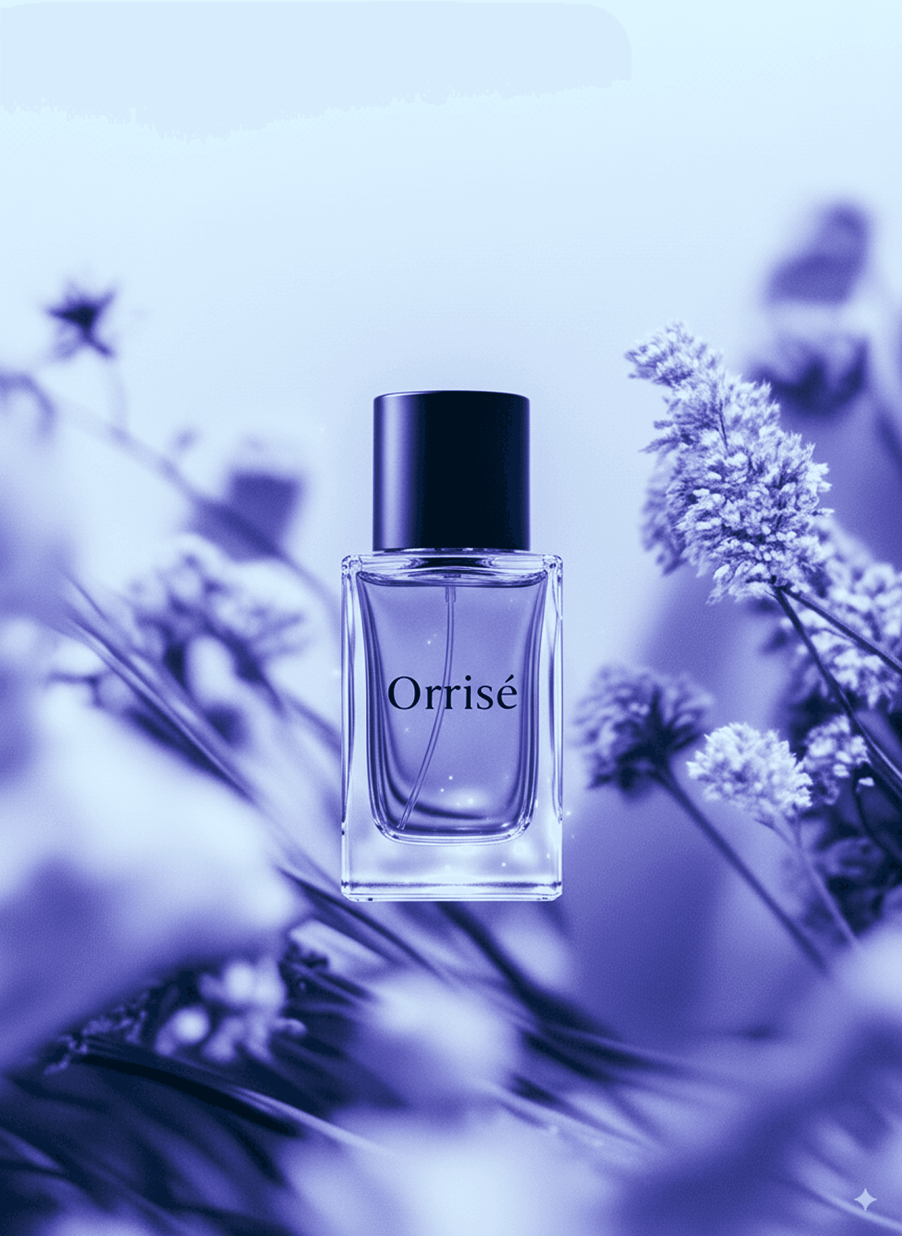 Minimalist perfume bottle labeled 'Orrisé' surrounded by soft-focus purple flowers.