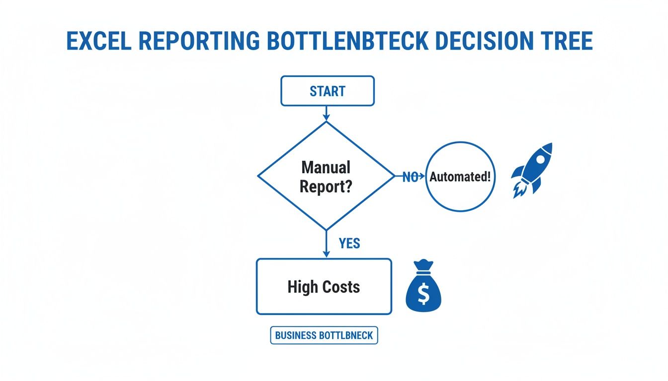 Flowchart showing an Excel reporting bottleneck decision tree, differentiating manual and automated reports.