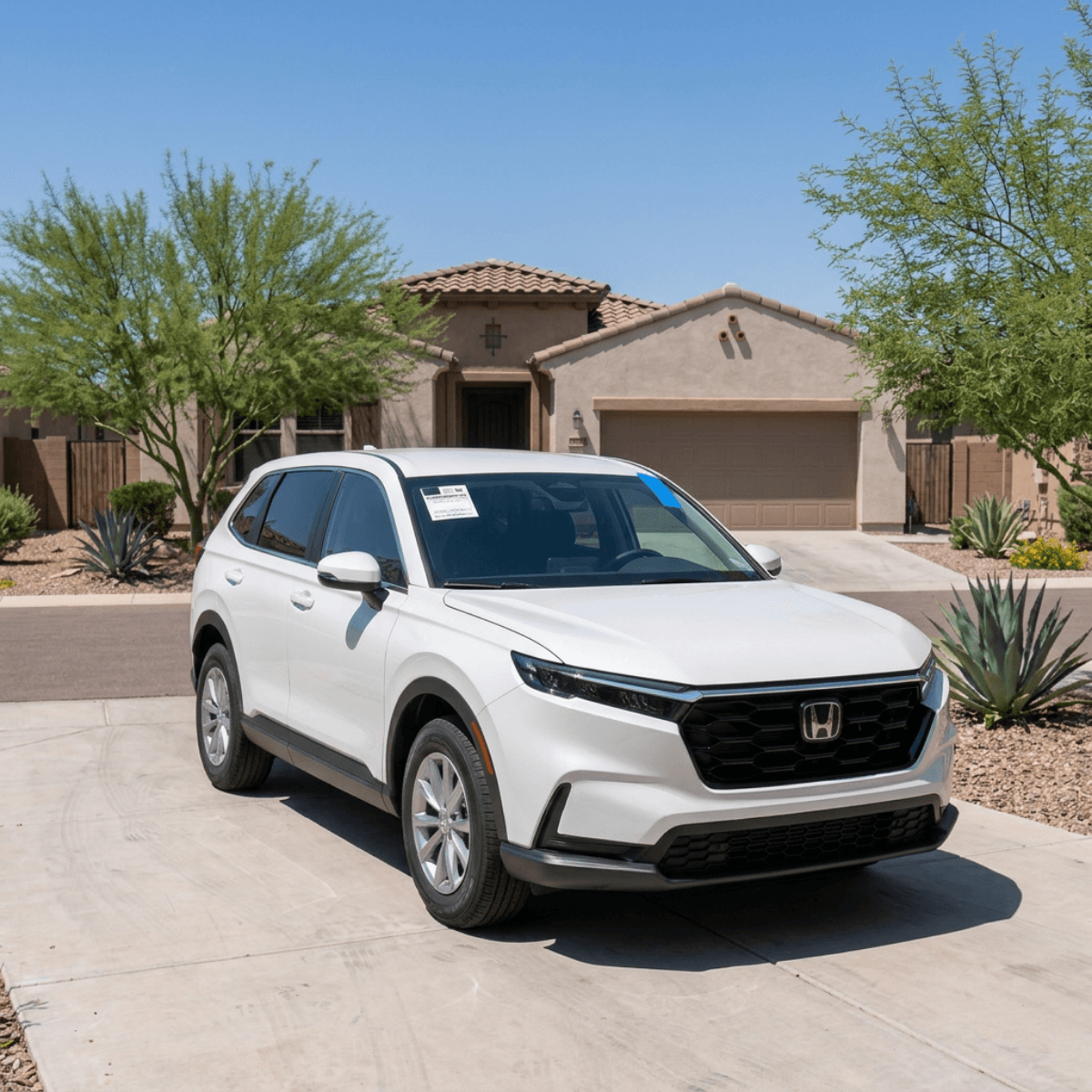 White Honda CR-V fresh off a mobile windshield installation in front of a Page, Arizona desert home