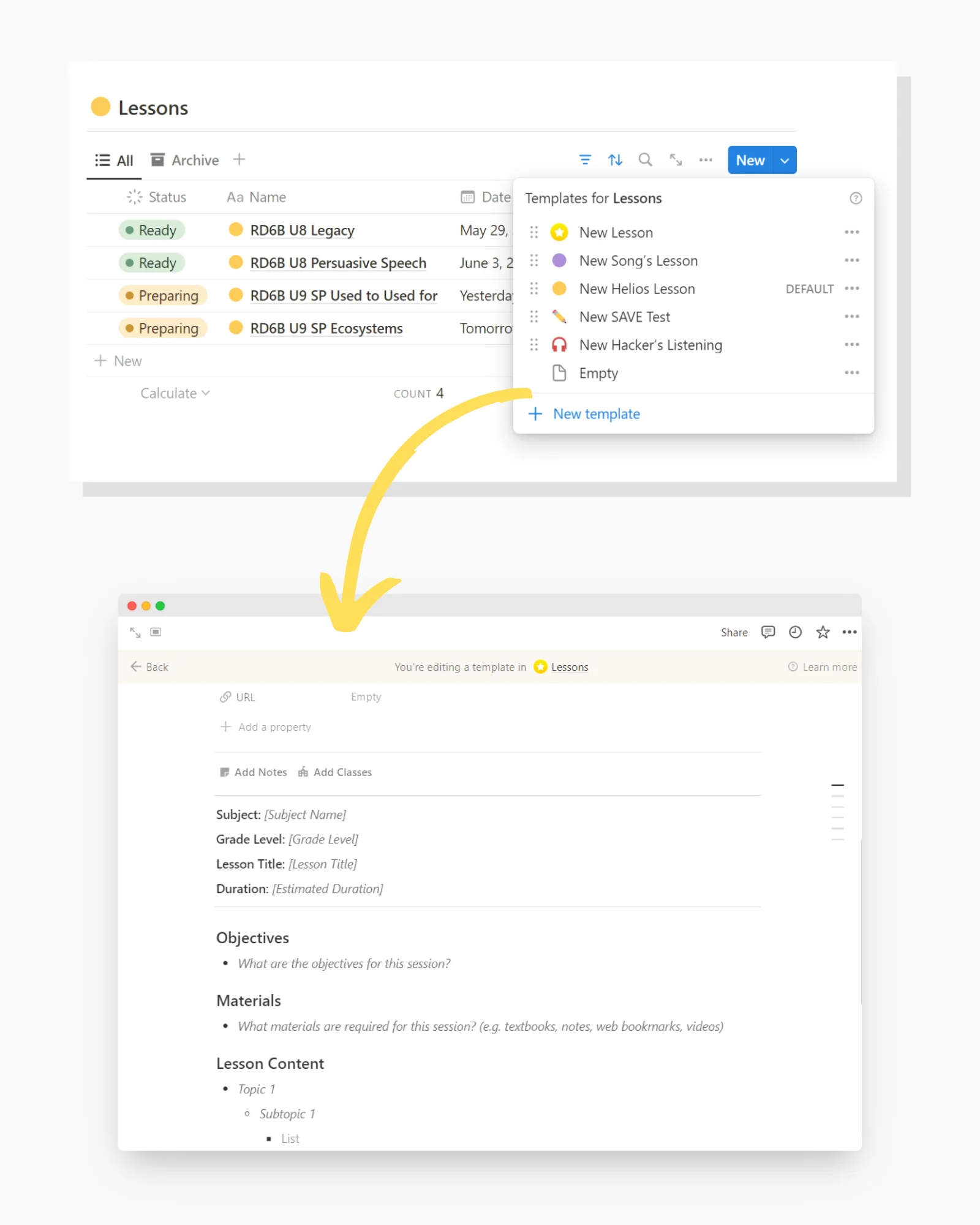 Lesson Template Demonstration in notion