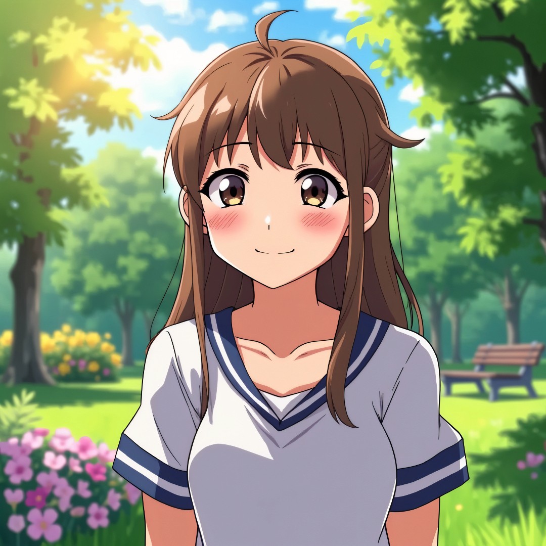 公園で制服を着たアニメの女性キャラクター。AIによって生成された画像。