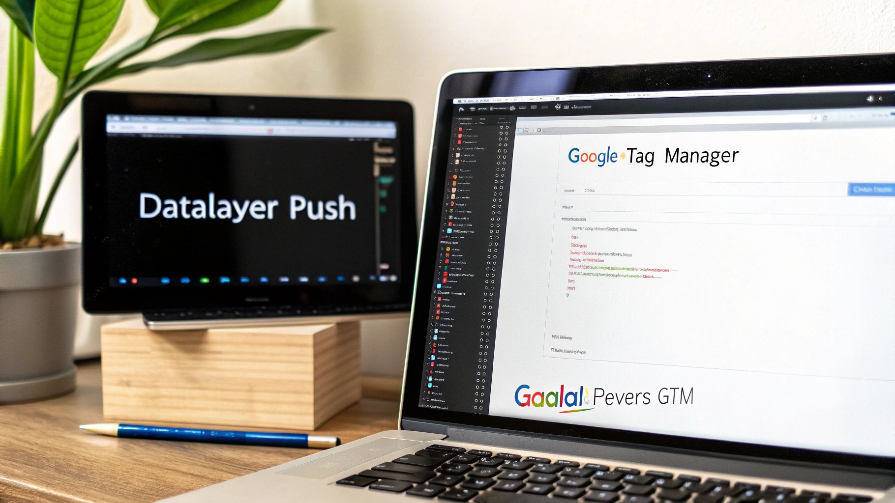 Personne travaillant sur un ordinateur portable avec des icônes de dataLayer et Google Tag Manager flottant autour, illustrant la connexion entre les deux.