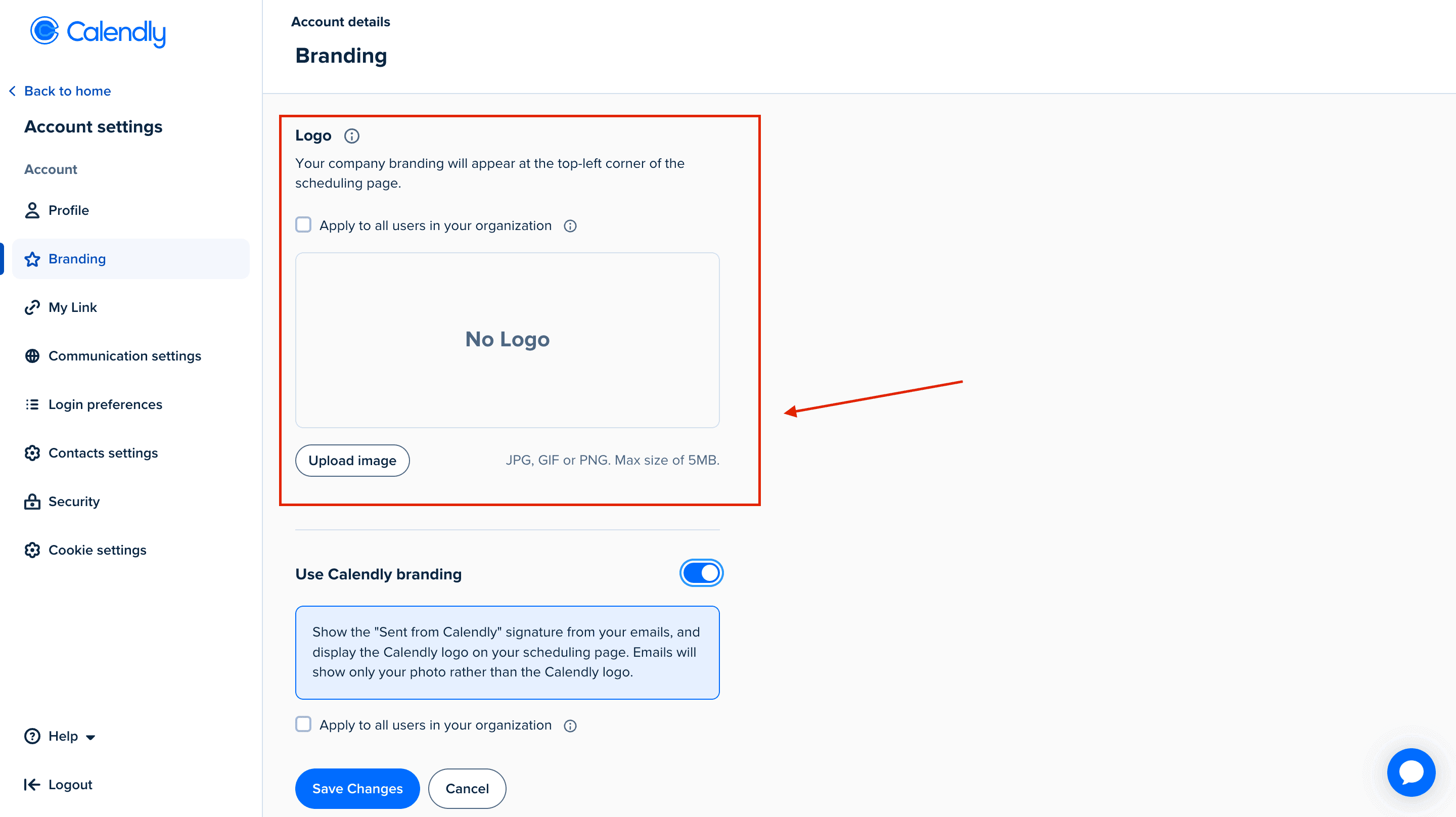 Calendly branding settings page showing customization options for booking pages