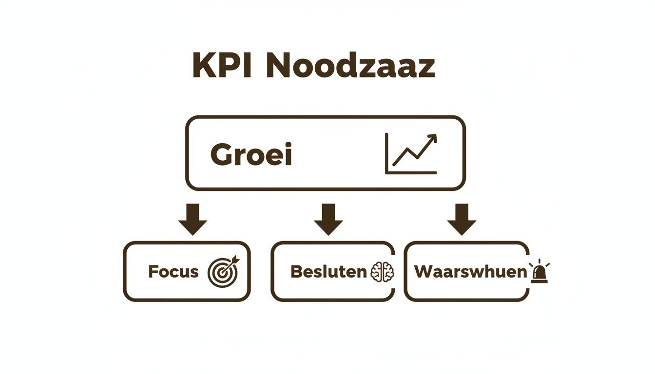 Een diagram dat de noodzaak van KPI's illustreert, beginnend met Groei en leidend tot Focus, Besluiten en Waarschuwen.