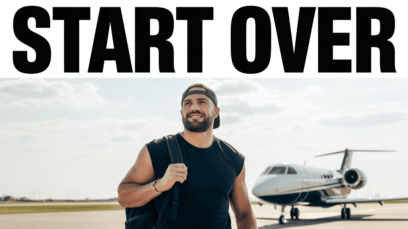Alex Hormozi-style life reset thumbnail with backpacked creator, private jet, and START OVER text