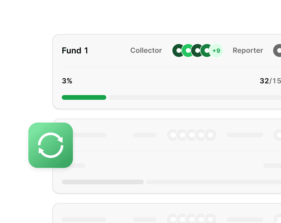 Fund data collection progress tracker with cloud synchronization icon.