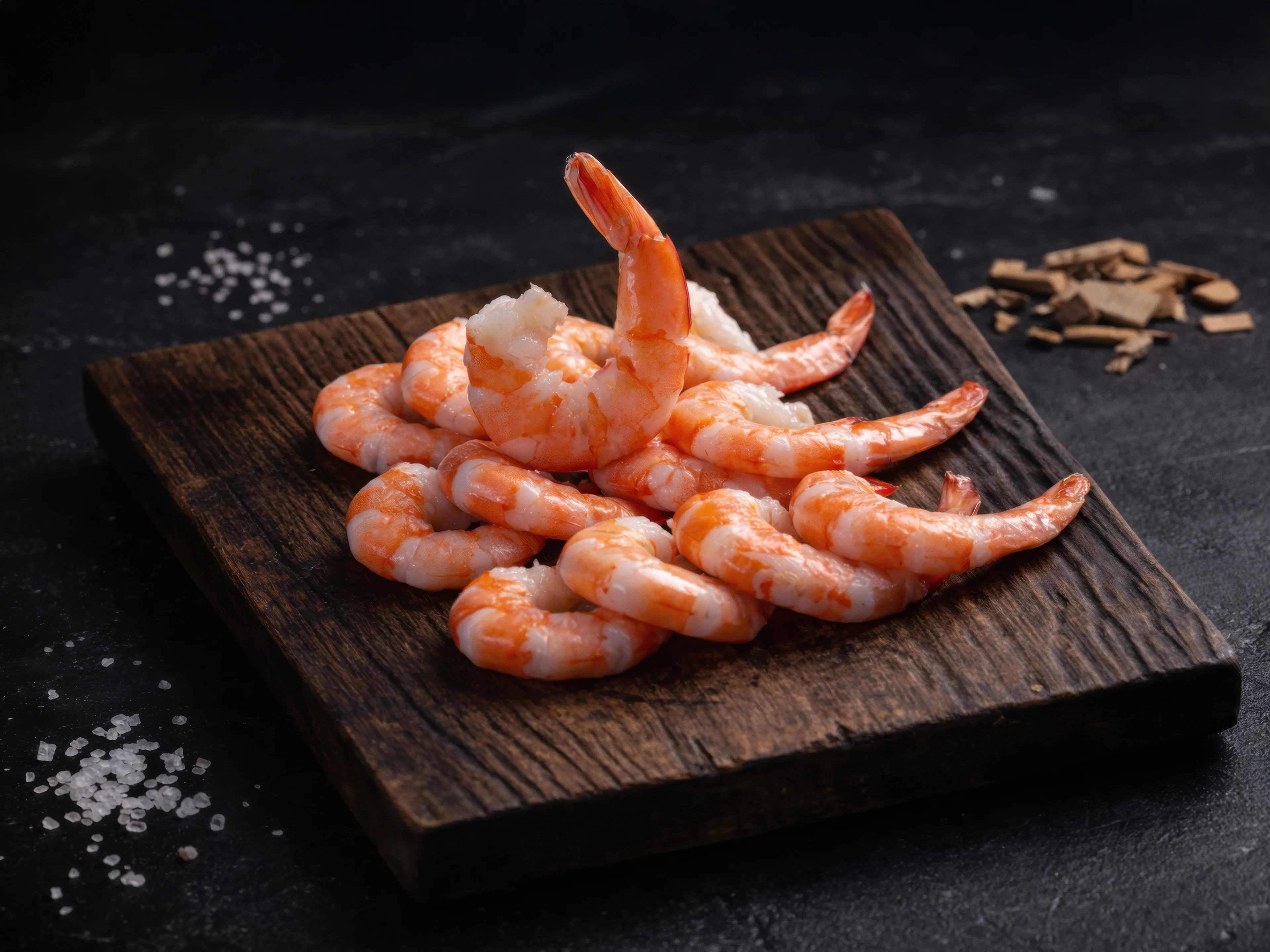 Geräucherte Garnelen auf rustikalem Holzbrett mit Meersalz