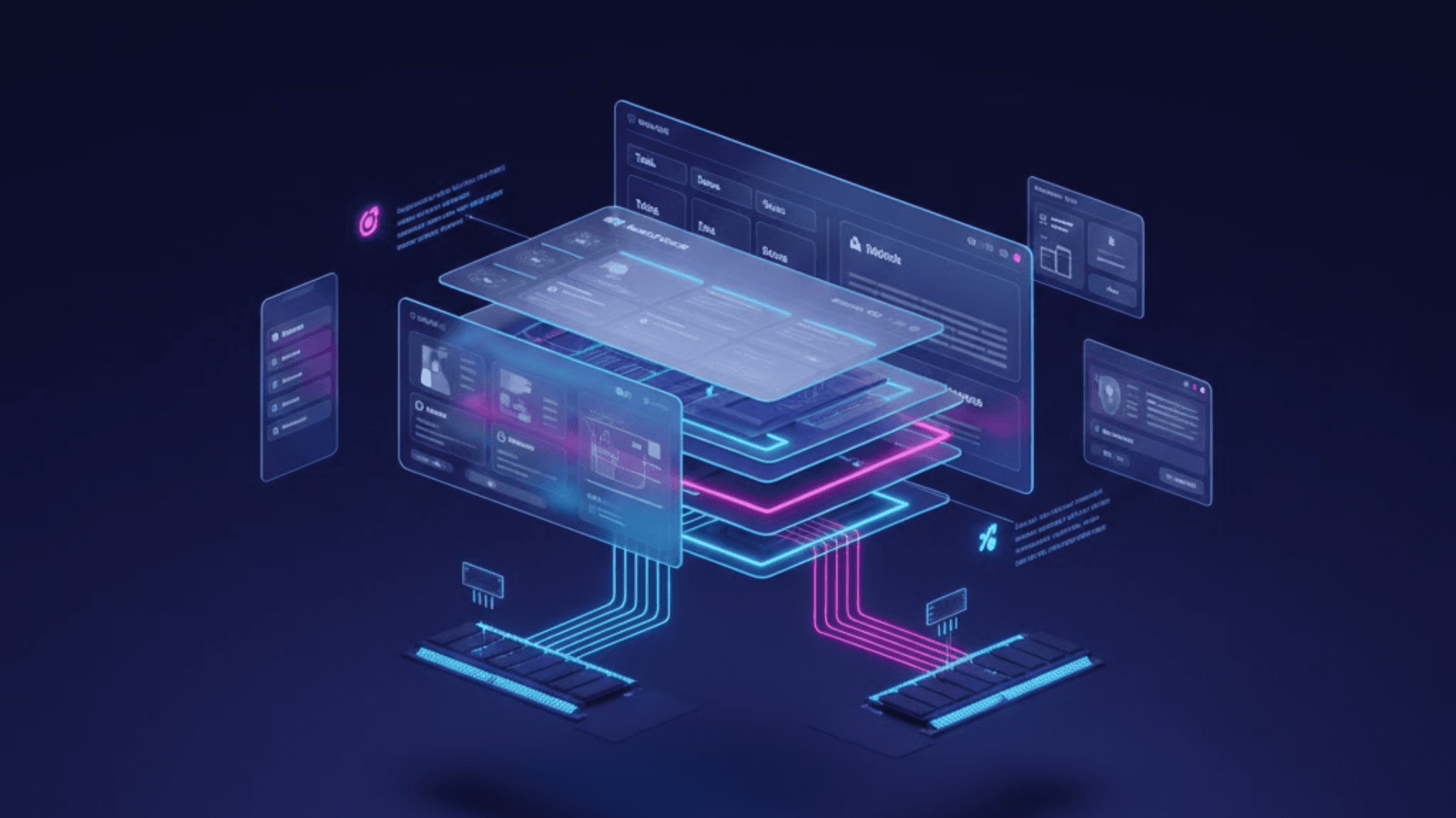 An abstract 16:9 visualization of a high-performance, unified digital workspace. In the center, a stack of sleek, translucent interface panels representing tasks, docs, and project boards floats in a dark void. Glowing cyan and magenta data streams connect the interface directly to hardware-like memory modules at the base, symbolizing local-first speed and instant updates. A smaller, vertical floating panel to the left represents mobile responsiveness. The entire composition features a futuristic neon palette of blues and purples, conveying a sense of organizational clarity, velocity, and modern software efficiency.