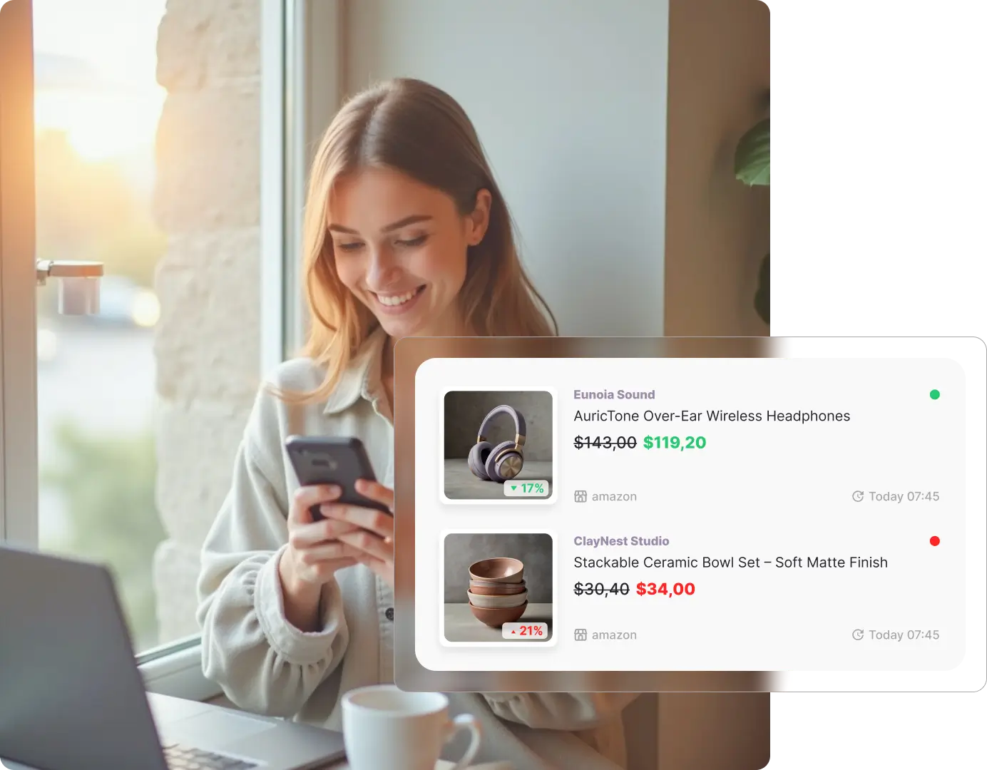 A smiling woman looks at her phone, checking her Whisprice smart wishlist, which shows a price drop for a pair of headphones and a price increase for a set of bowls.
