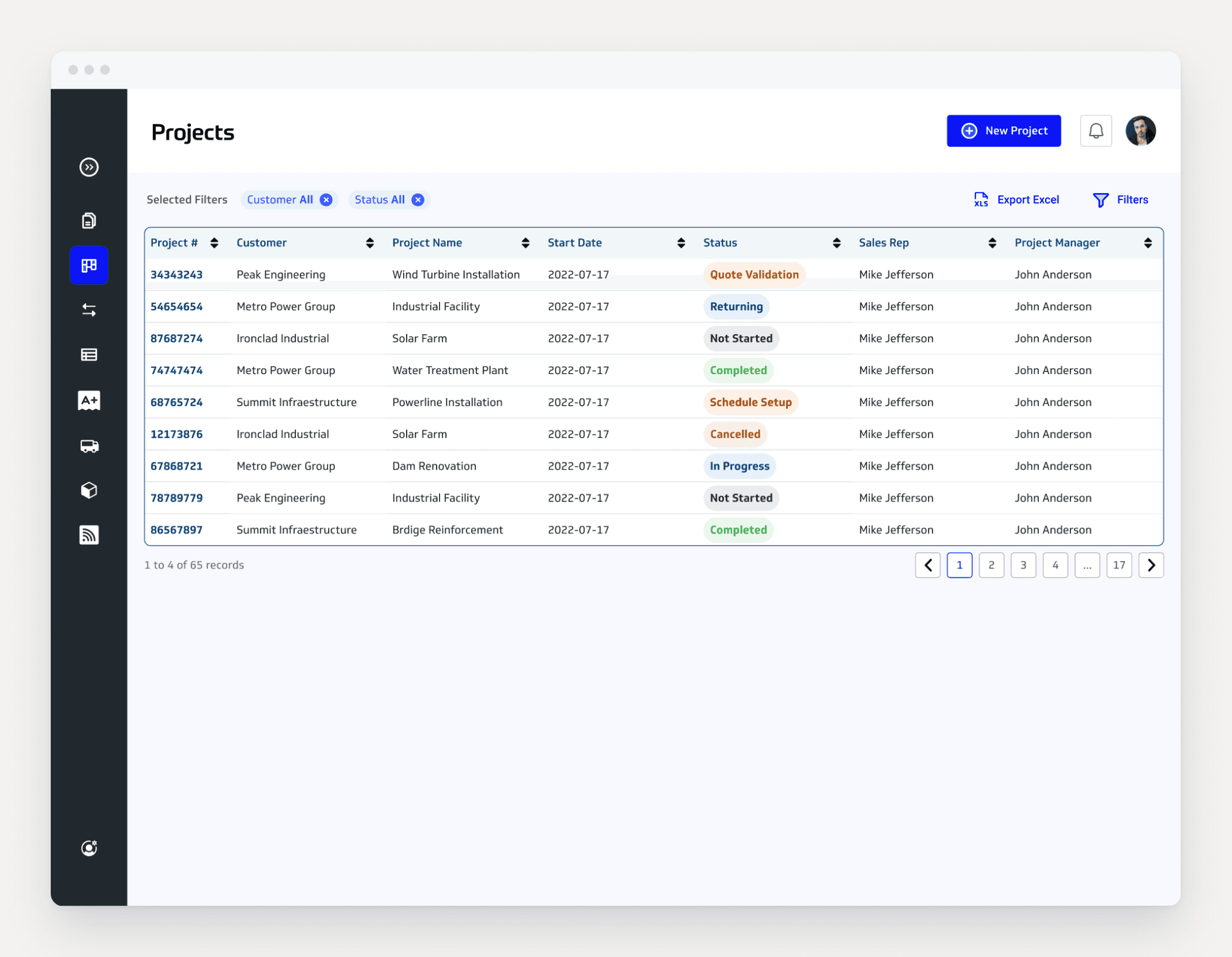 The projects list with status for each project