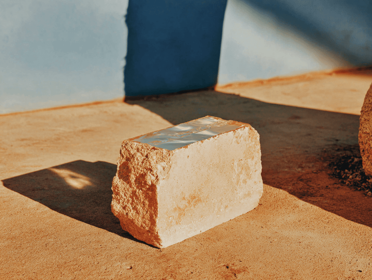 Raw stone block on a sandy surface in bright sunlight