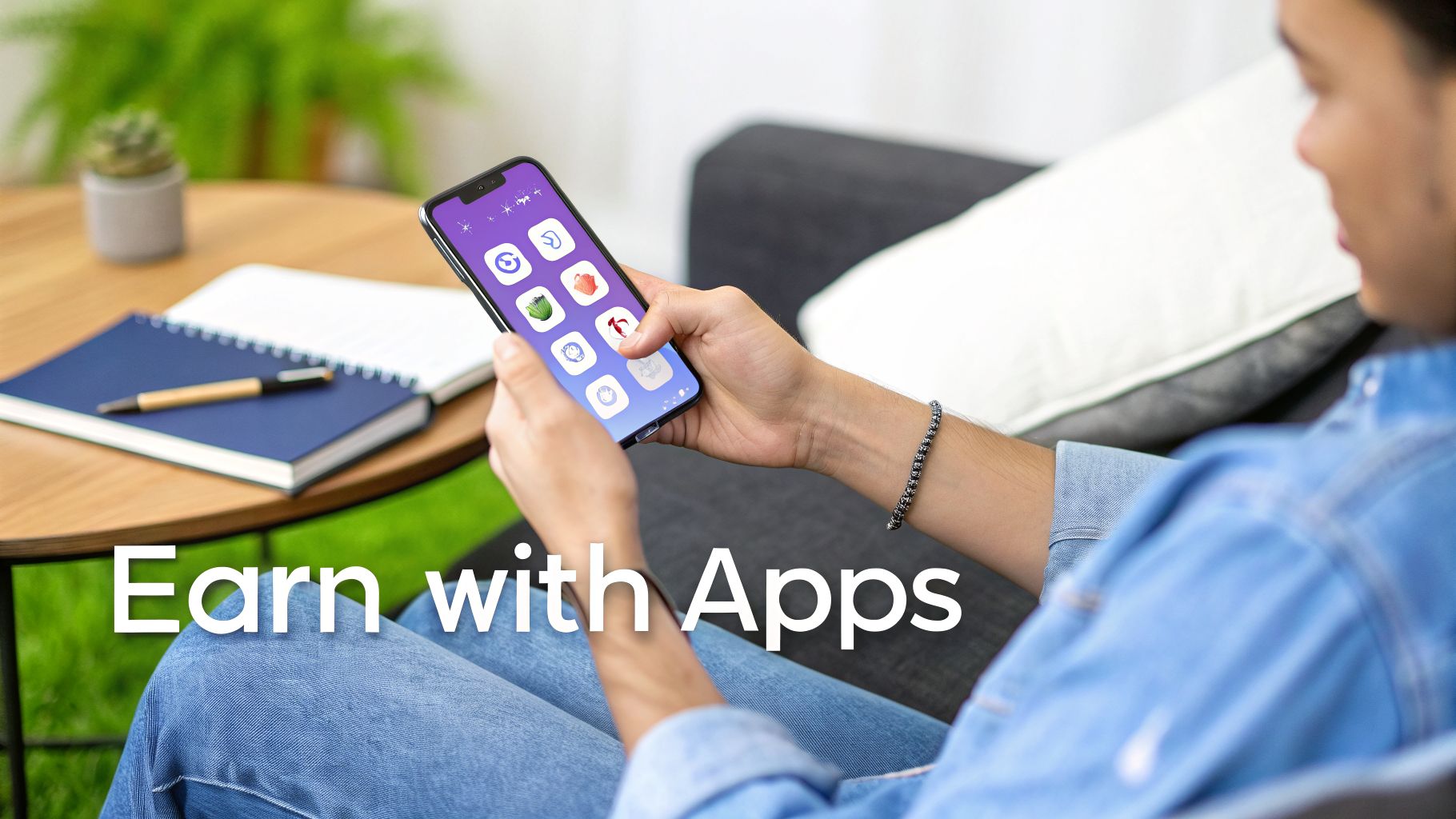 A person holds a smartphone displaying app icons, sitting comfortably, suggesting digital earning through apps.