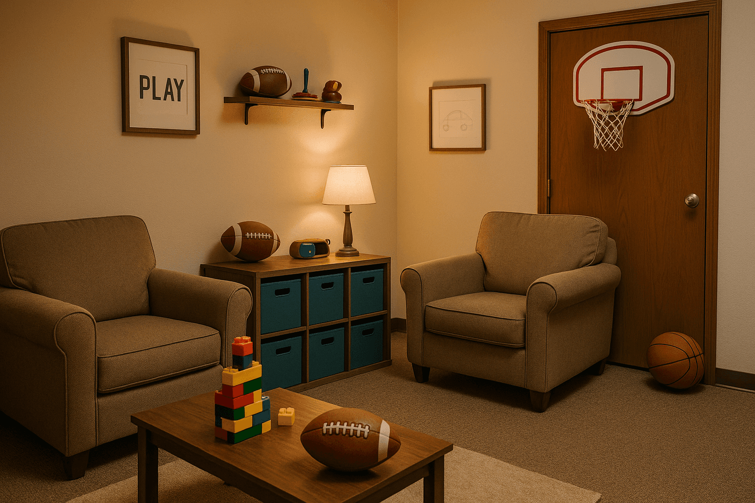 Photo of child therapist's office with sports equipment and games visible