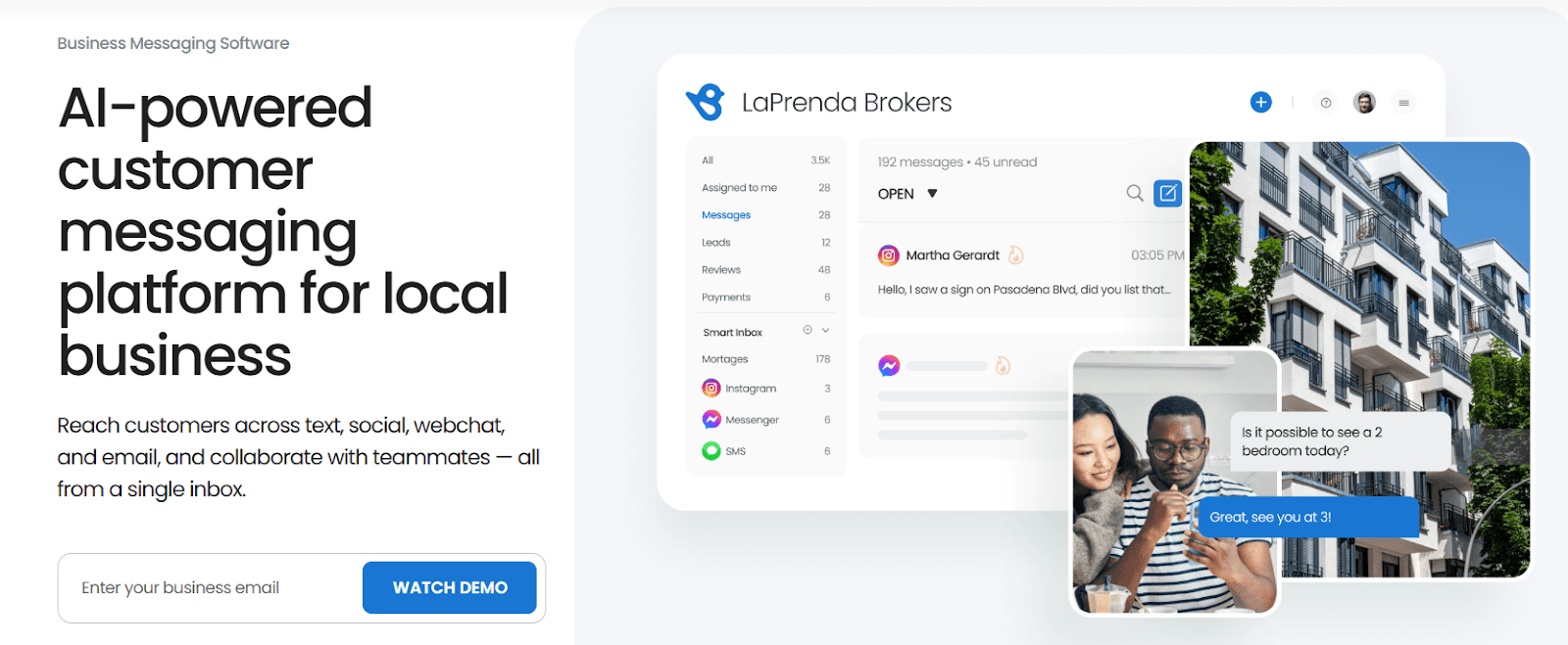 Birdeye.com landing page advertising their AI-powered customer messaging platform for local businesses.