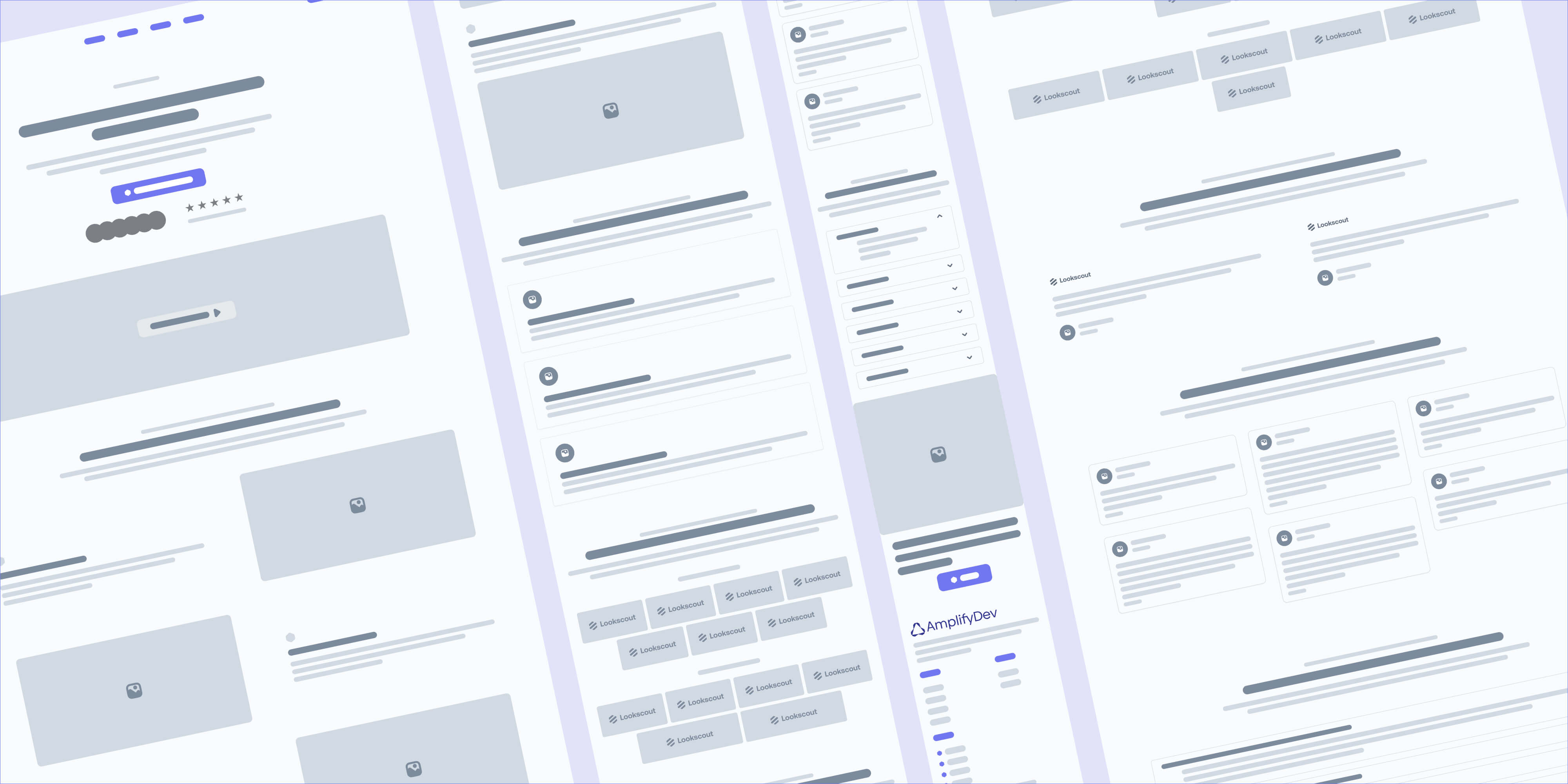 Low-fidelity wireframes of AmplifyDev landing page showing modular section layout and CTA flow for desktop, tablet, and mobile formats.