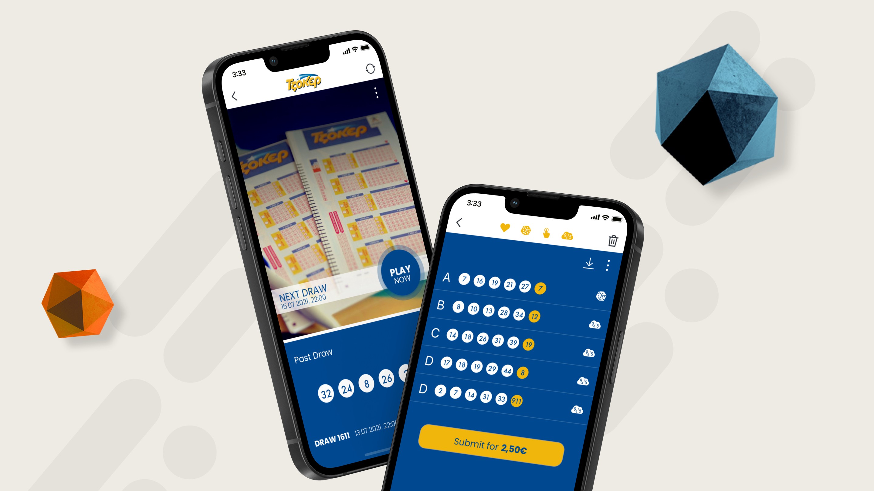 Intralot Mobile Lottery app showing game details and gameplay for Τζόκερ