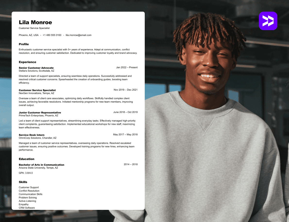 Customer service professional smiling while holding a CV, representing a strong Customer Service CV example