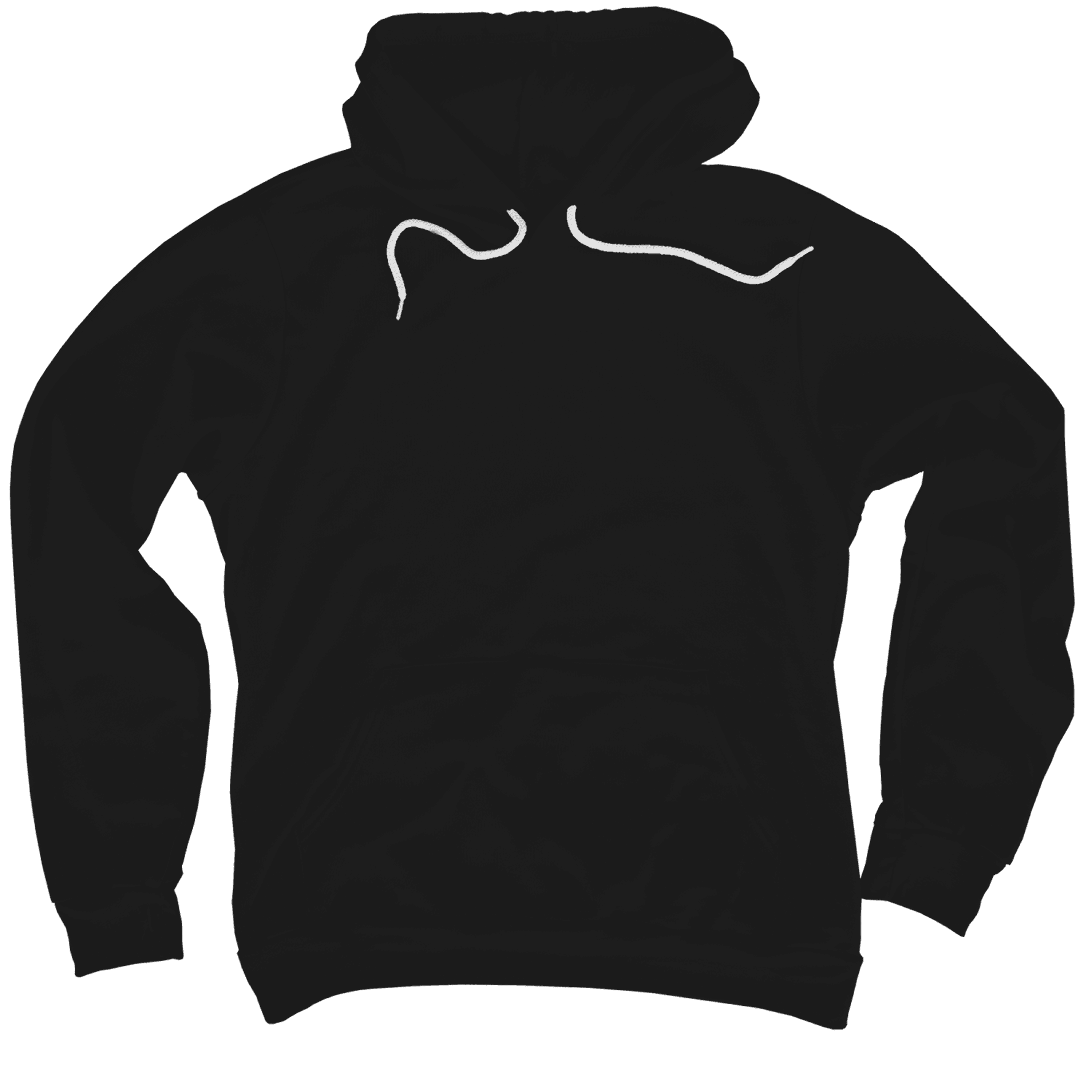 Black hooded sweatshirt with white drawstrings.