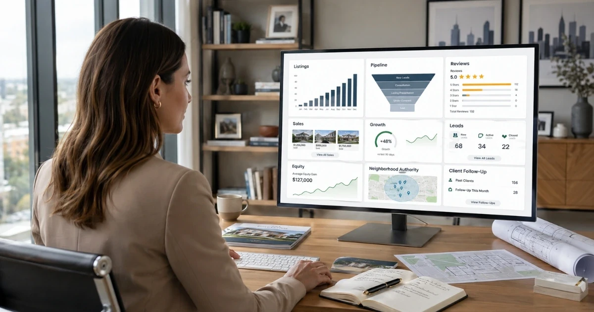 A real estate professional reviewing inbound listing lead generation strategies on a tablet.