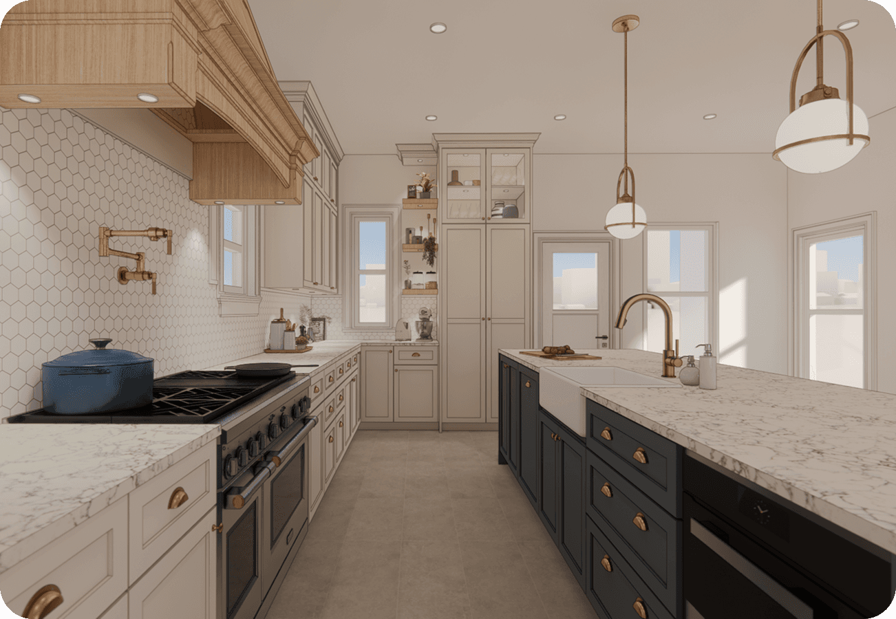 A modern kitchen featuring white cabinets, dark countertops, and large windows for natural light.