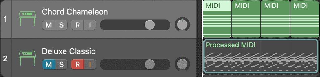 Logic Pro tracks after recording: the first track, Chord Chameleon, holds four MIDI regions, and the second track, Deluxe Classic, holds the recorded Processed MIDI region, ringed in teal. Numbered marker 4 matches step 4.