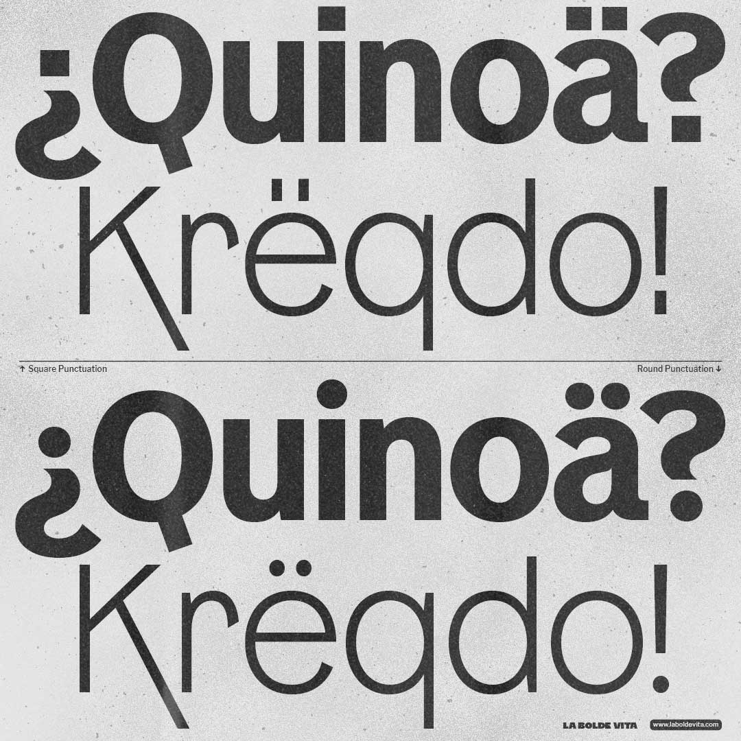 horizontally split composition showing the OpenType features square and round dots of the Neptun font family