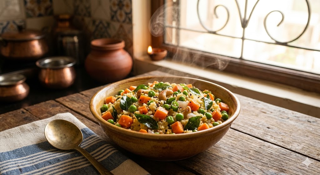 A close-up view of a steaming bowl of healthy vegetable upma filled with carrots, peas, cashews, and curry leaves, served on a rustic wooden table in a traditional Indian kitchen with copper pots and a diya.