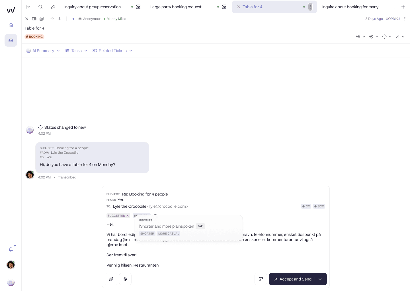 A guest enquiry "Hi, do you have a table for 4 on Monday?" with an AI-drafted reply visible in the RevVue inbox. Rewrite shortcuts (shorter, more casual) and an Accept and Send button sit at the bottom.