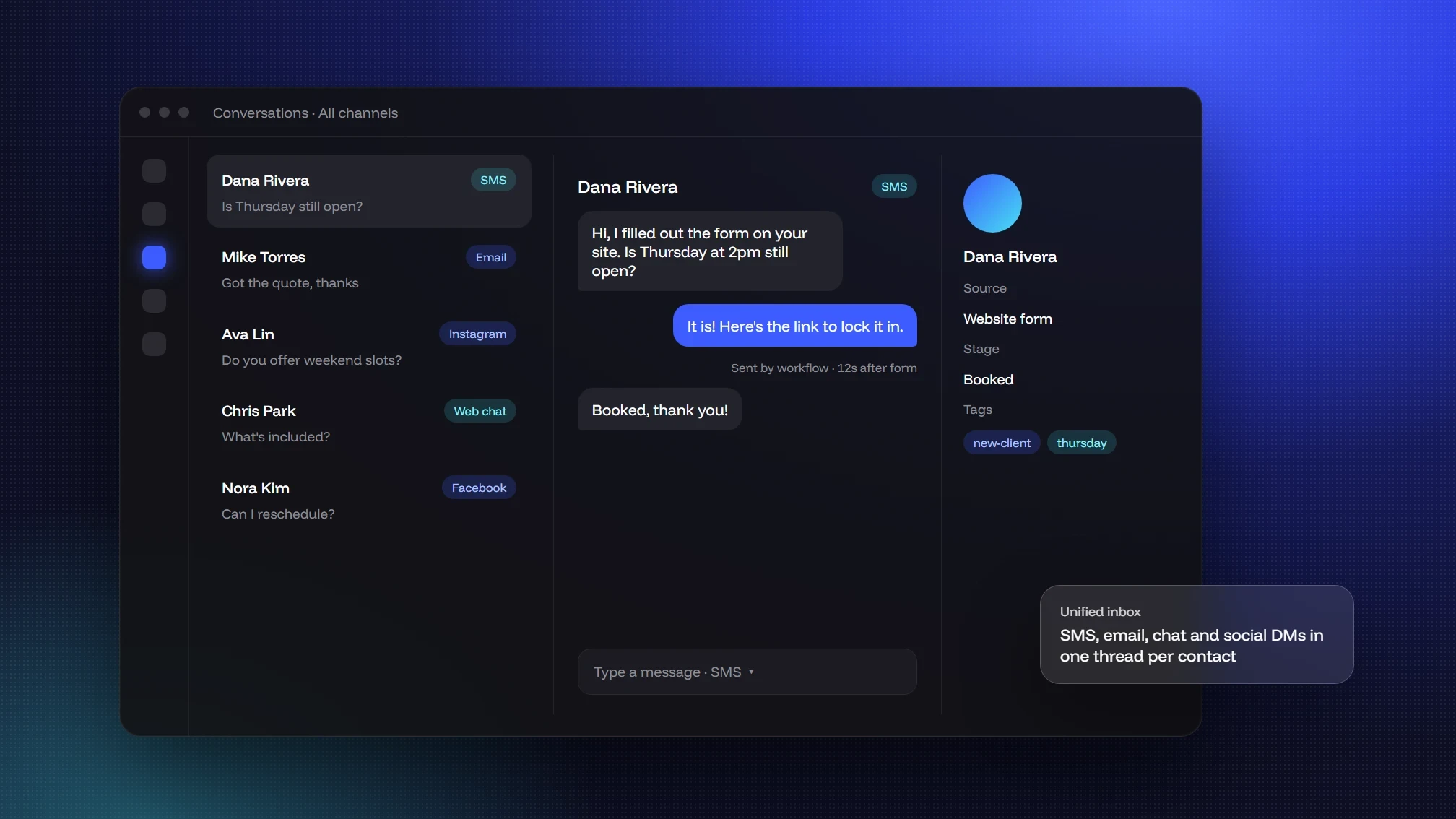 GoHighLevel unified conversations inbox showing SMS, email, Instagram, web chat and Facebook messages in one view