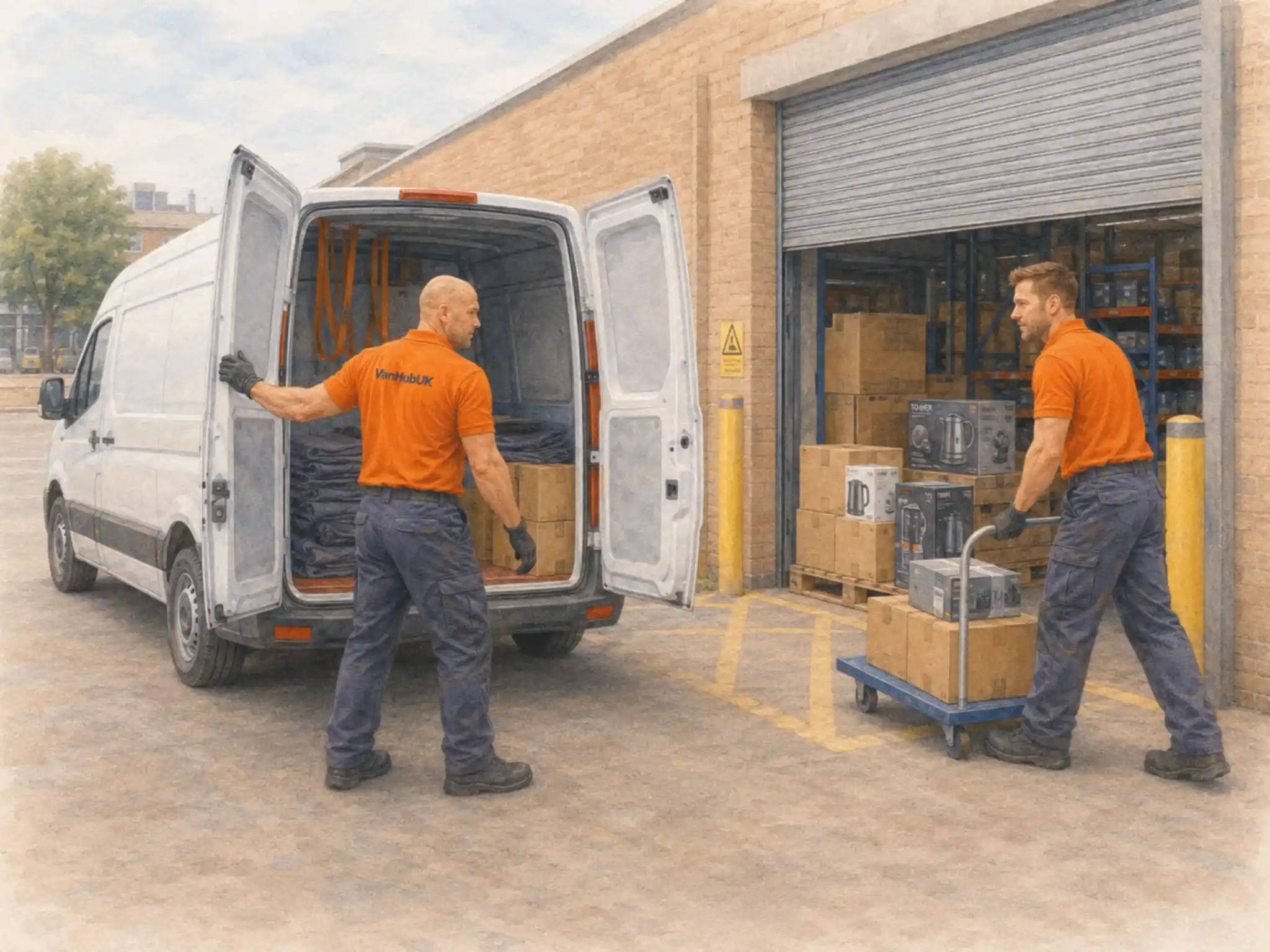Two independent van drivers collecting boxed goods from a store loading bay and preparing to load them into an open white van.
