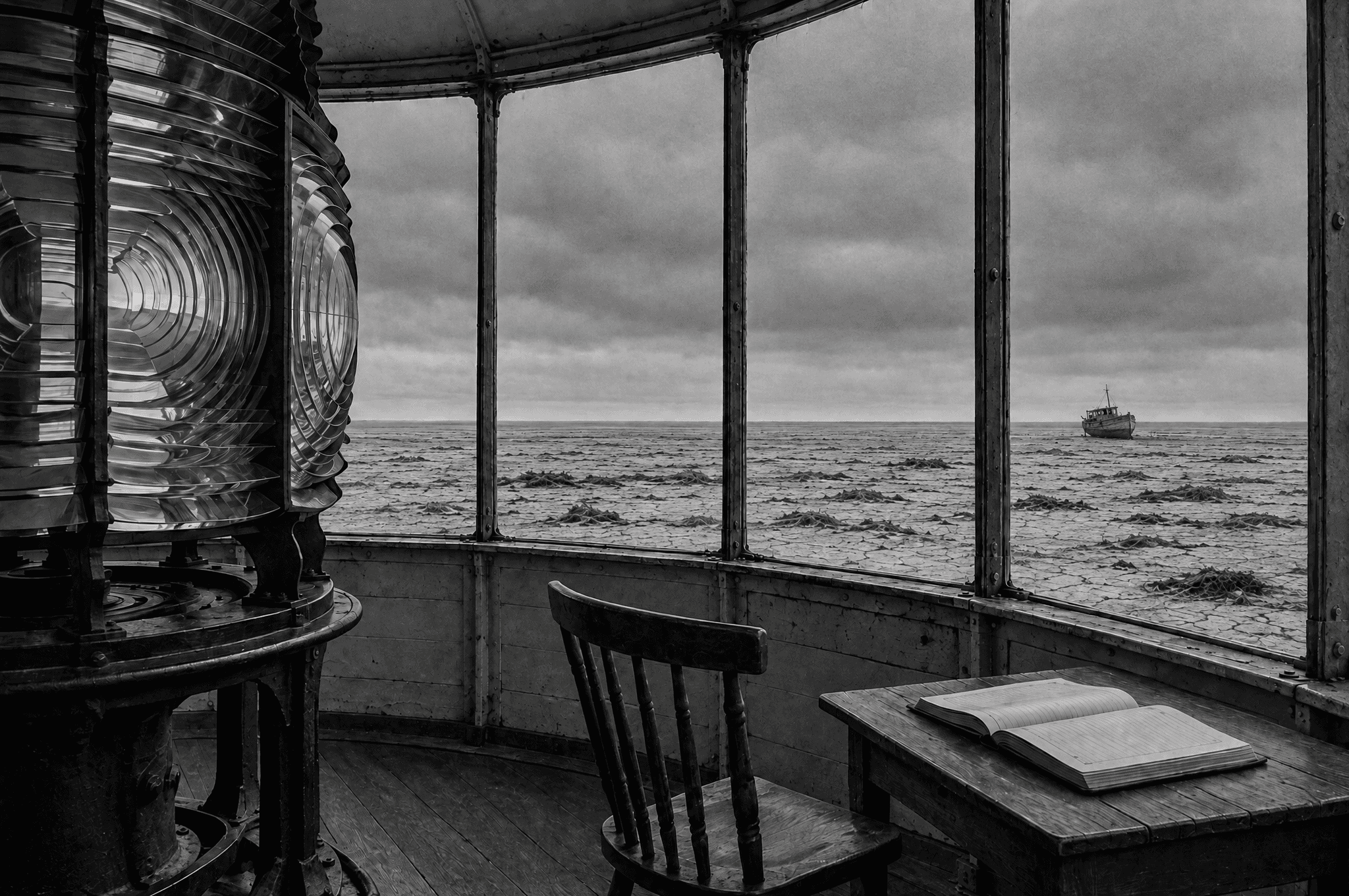 A lighthouse lamp room with an unlit lens, a chair and an open logbook; dry seabed beyond the windows