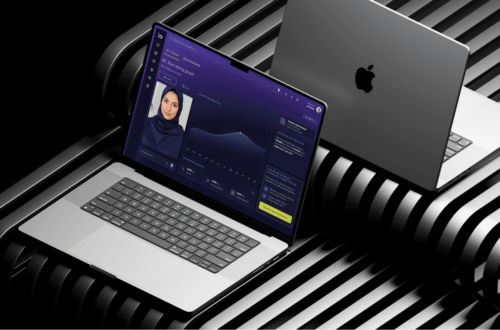 Visualisation of a laptop floating in the air. It shows a dashboard of a banking app with AI  Analysisimage, the cashflow chart and actionable recommendations.