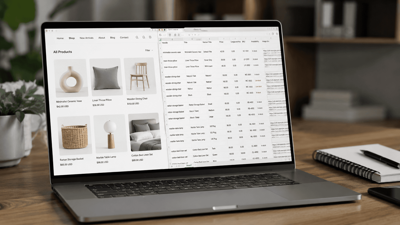 Shopify store product page next to a spreadsheet of scraped product data — title, price, variant, SKU, and availability