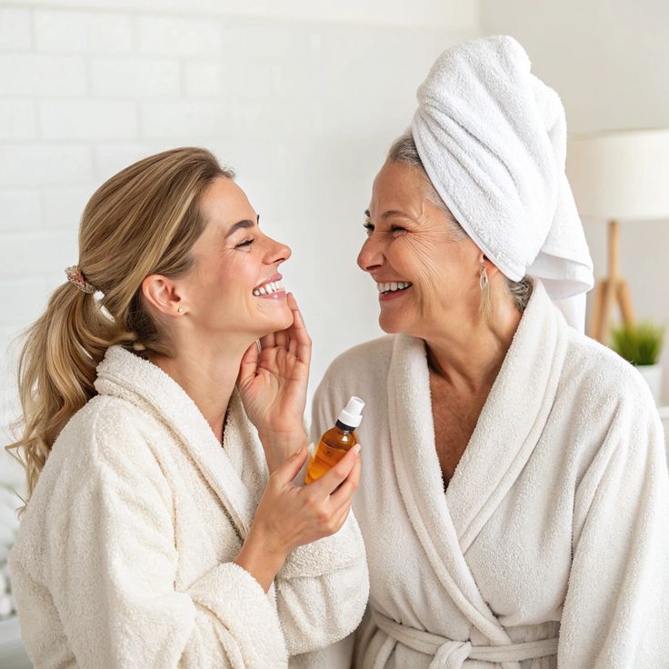 A woman lying down with a towel wrapped around her head, her face glowing with facial oil. She has a peaceful expression, enjoying a skincare treatment.