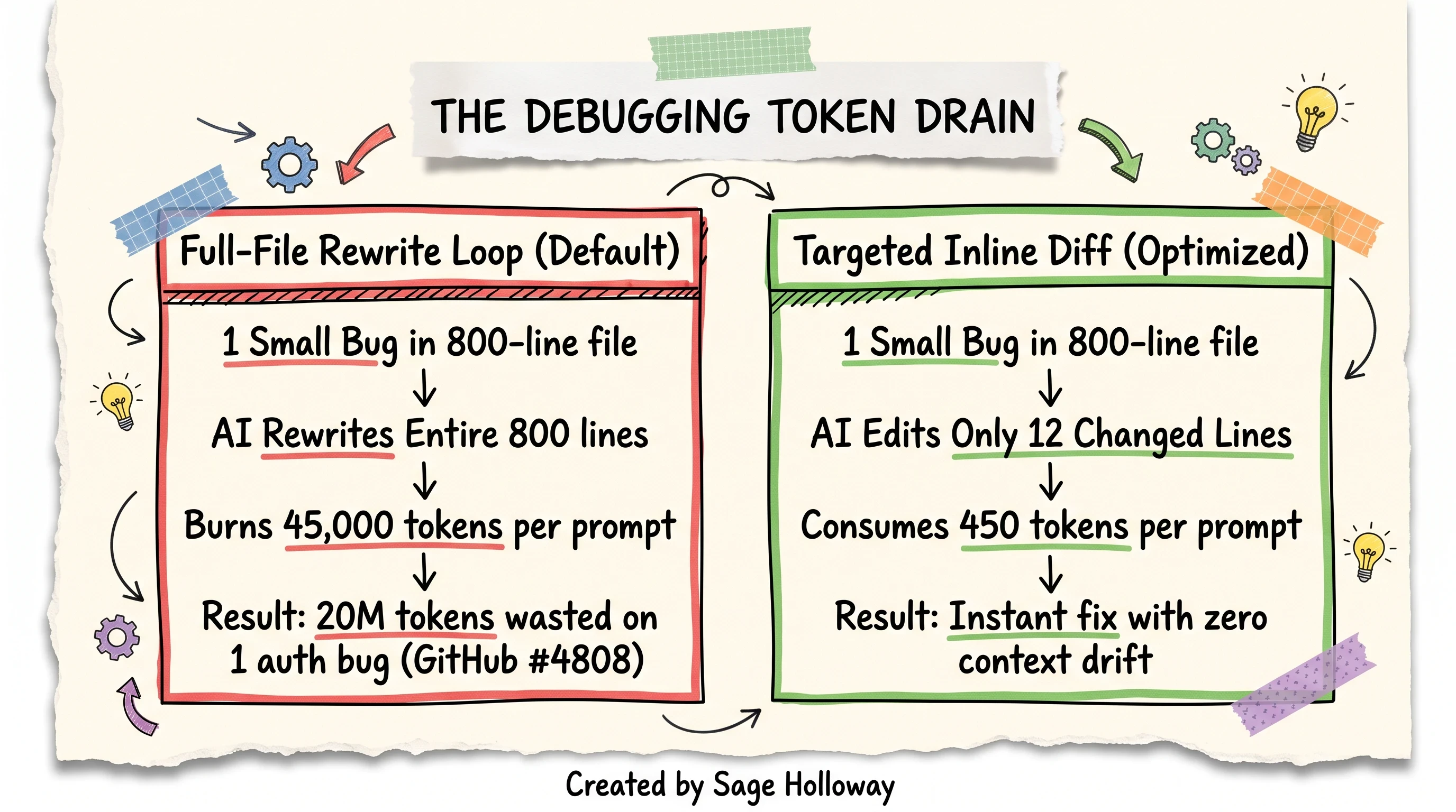 Scrapbook diagram comparing token-draining full-file rewrites against token-efficient inline code diffs