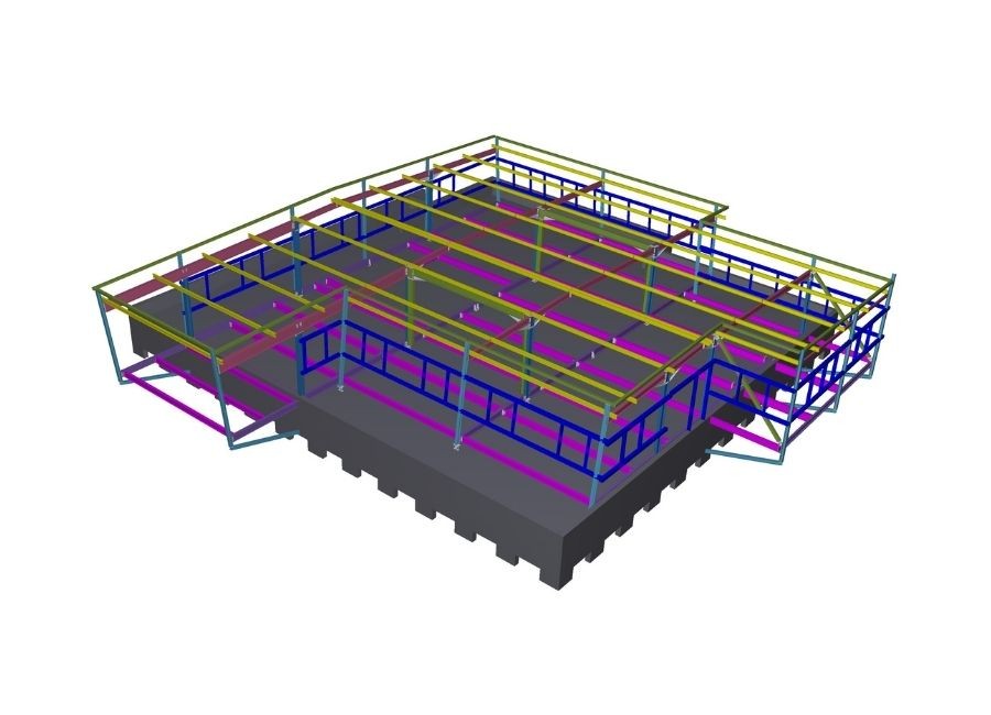 Modélisation 3D d’une structure métallique avec plans de charpente, réalisée sur logiciel BIM.