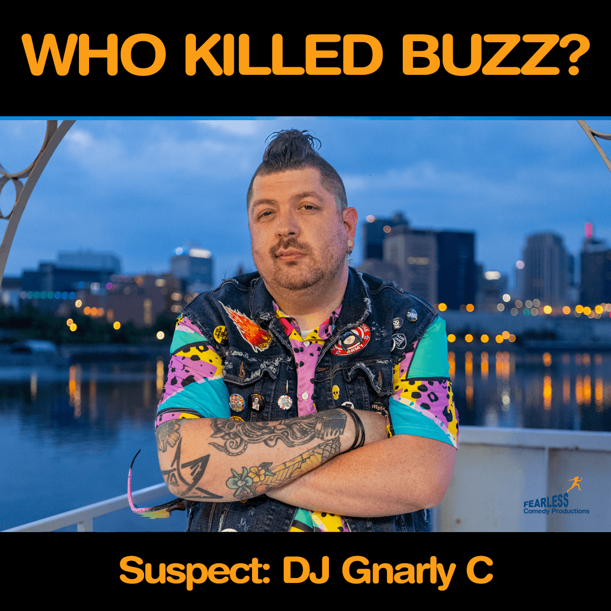 Promotional graphic of a man with crossed arms in front of a city skyline, titled Who Killed Buzz.