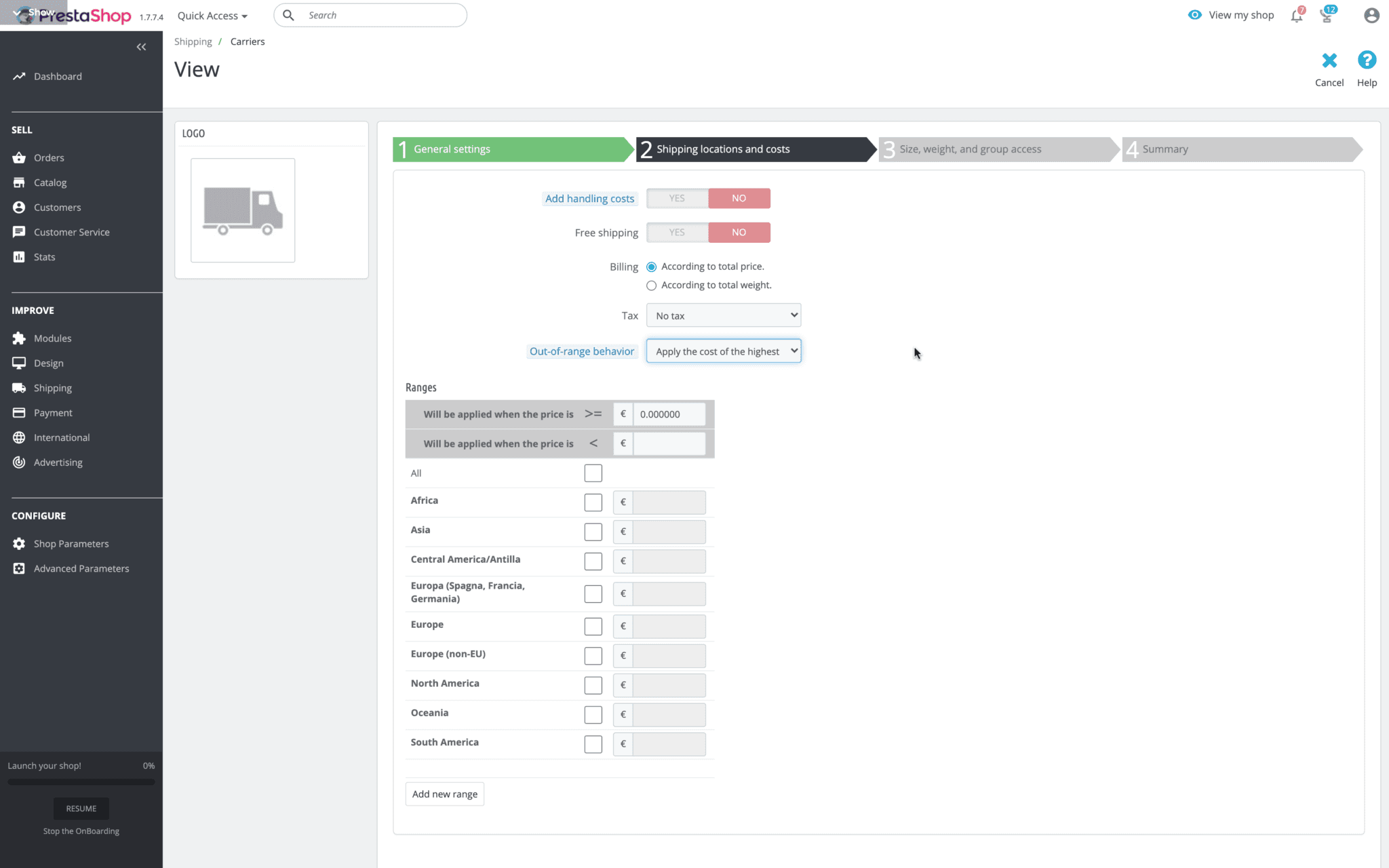 corrieri prestashop modifiche