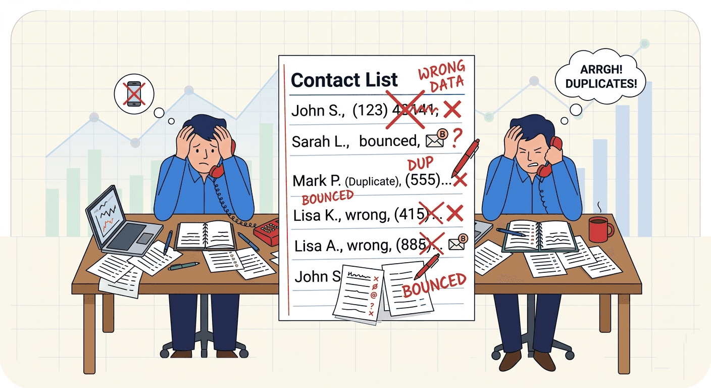 Sales rep struggling with duplicate contacts and bad CRM data causing missed opportunities