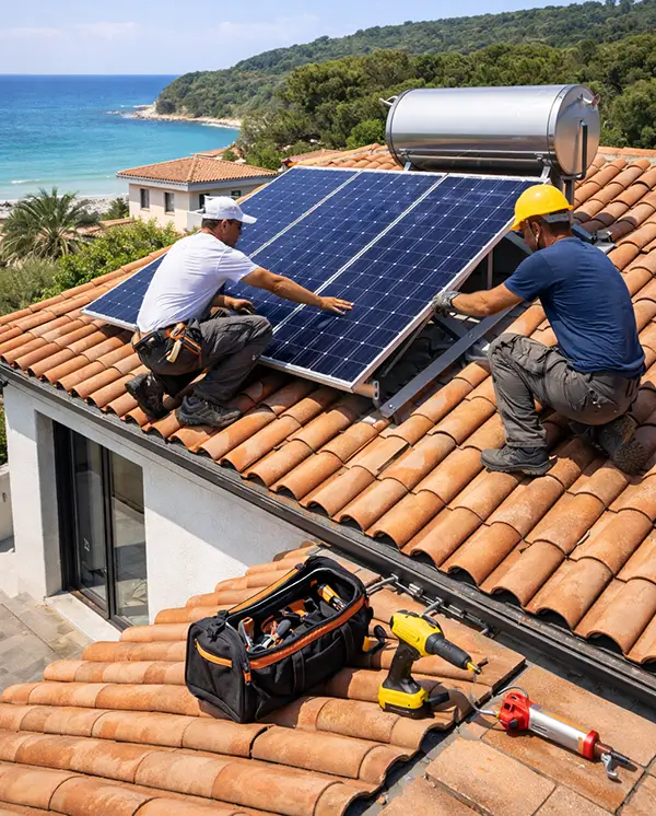 Τοποθέτηση ηλιακού συστήματος σε παραθαλάσσια κατοικία με εγκατάσταση φωτοβολταϊκών πάνελ σε κεραμοσκεπή για ενεργειακή αναβάθμιση σπιτιού